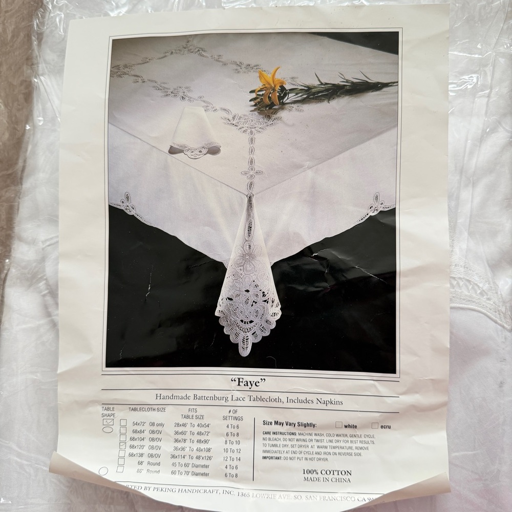 NEW Faye Handmade Battenburg Lace Tablecloth & Napkins Set Cotton White 68”x120”